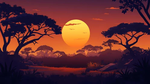 Layered savanna sunset with silhouetted acacia trees and large sun