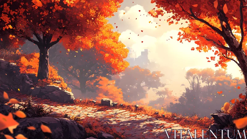 Autumn forest path with orange foliage and distant castle view