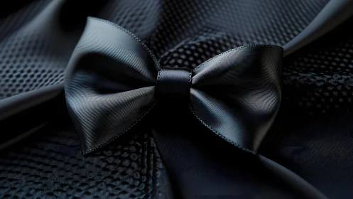 Elegant Black Satin Bow Tie on Textured Fabric, Modern Close-Up.