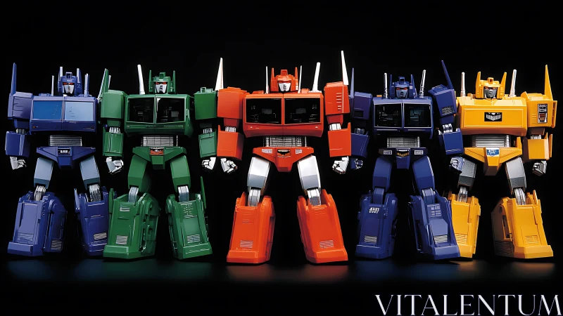 Chromatic lineup of articulated retro robot figures posed.