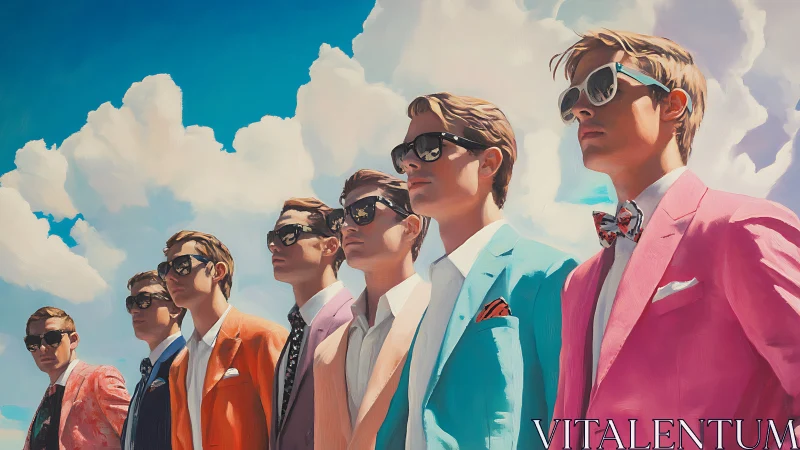 Boldly dressed young men gaze upward under vivid skies.