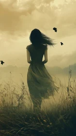 Solitary dreamer walks through wind-swept grass and soft sky