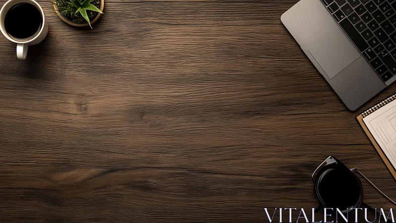 Minimalist workspace flat lay on warm walnut desktop surface.