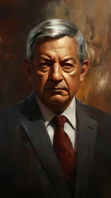 Stoic silver-haired statesman under embered brushlight.