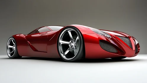 Low-angle render of red aerodynamic supercar with glossy reflections
