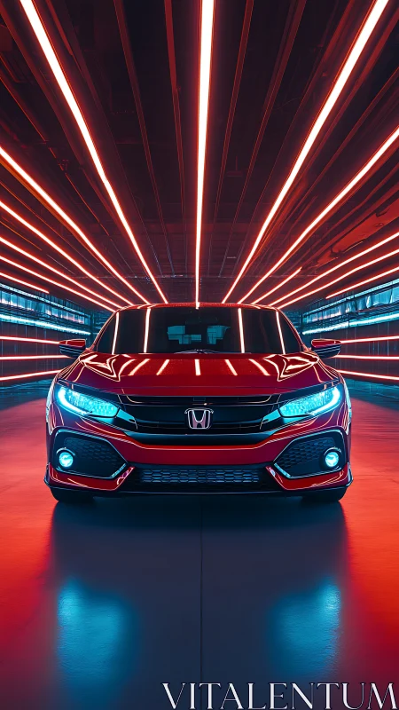 Red hatchback framed by neon tunnel lines in frontal symmetry