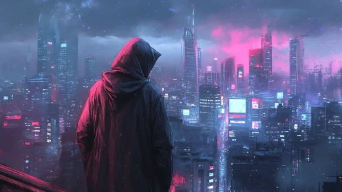 Hooded figure overlooks neon cyberpunk megacity skyline at night