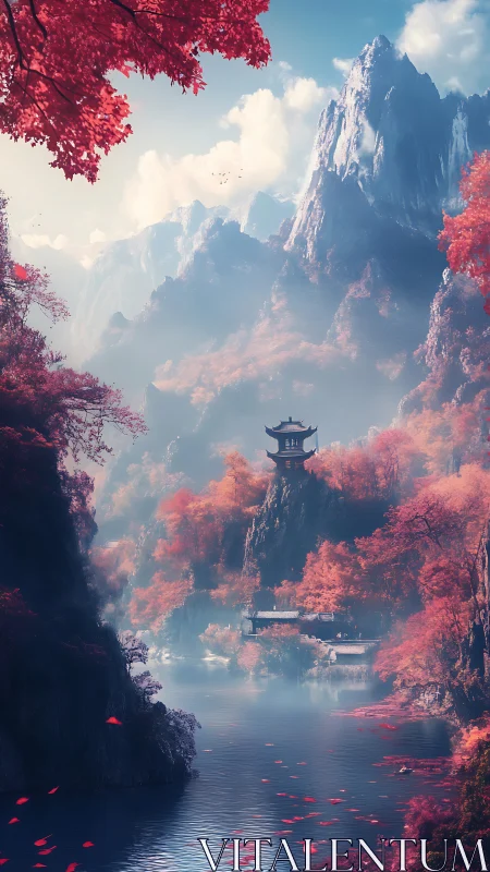 Mountain lake temple amid mist and red autumn forest.