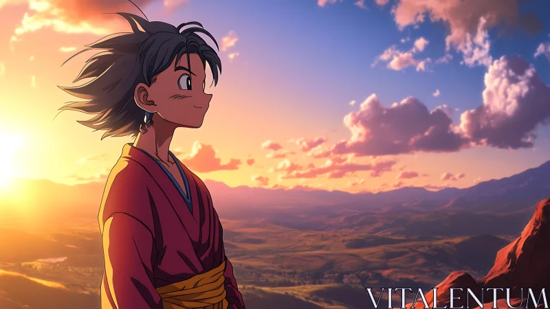 Sunlit anime wanderer overlooking luminous valley panorama.