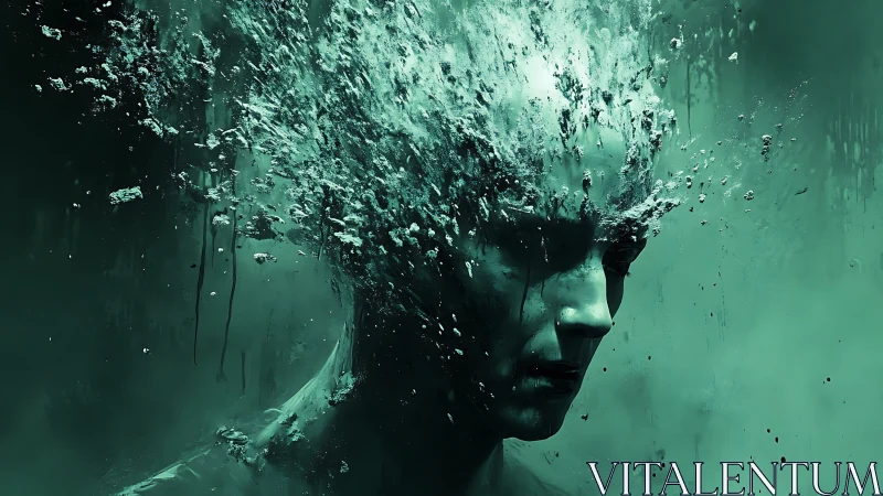 Exploding teal portrait captures a mind shattering into mist