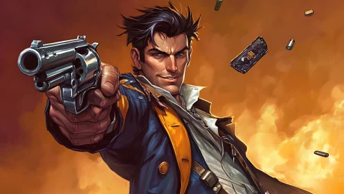 Dynamic gunslinger portrait with foreshortened revolver perspective