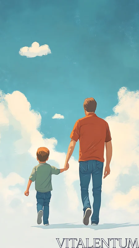 Father and son walk forward under broad blue sky together