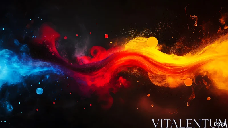 Energetic red, blue, and yellow abstract swirl on black background.