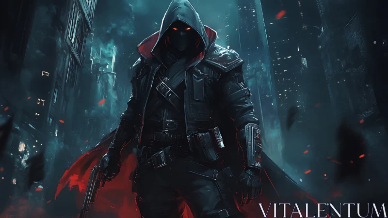 Hooded urban vigilante in neon-lit dystopian stormscape.