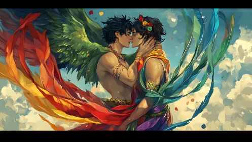 Wings of color and quiet love drifting through bright skies.