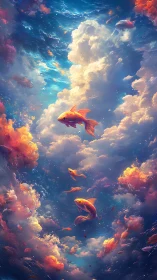 Goldfish silhouettes traverse a vertically framed cloudscape