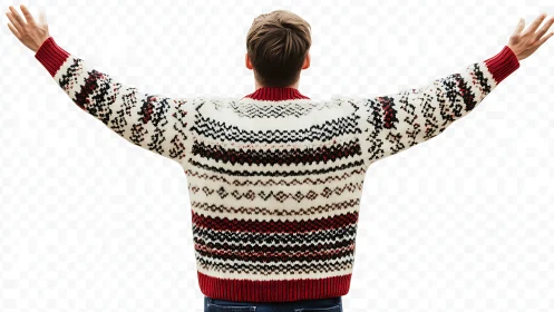 Man in patterned winter sweater raises arms on white
