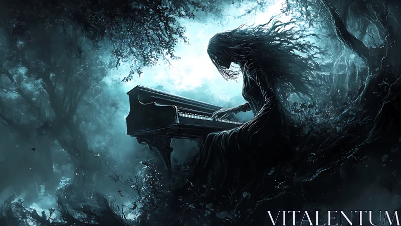 Gothic forest nocturne with spectral pianist in silhouette.