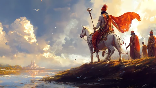Sunlit king on white steed surveying distant river citadel.