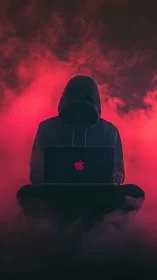 Hooded hacker studies laptop in ominous red neon fog