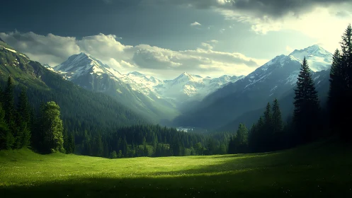 Mountain valley with snow peaks and forested slopes at dusk.