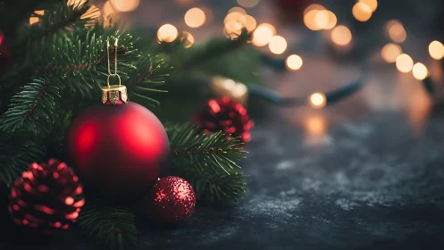 Red Christmas bauble rests on fir branches with warm lights