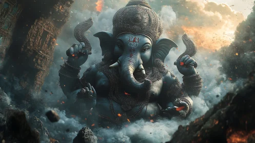 Colossal Ganesh deity rising through storm and ruins.