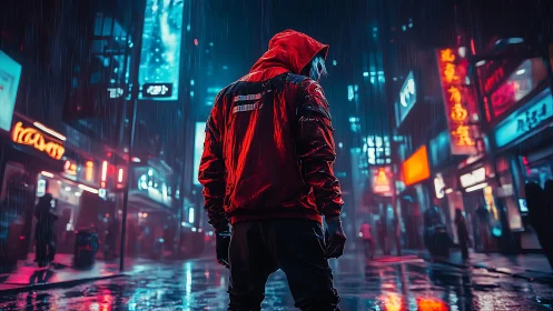 Hooded figure stands in neon city street during rainfall