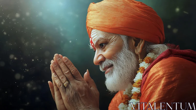 Elderly man in orange robe holds folded hands in profile