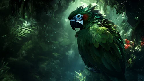 Luminous emerald parrot poised in misty jungle light.