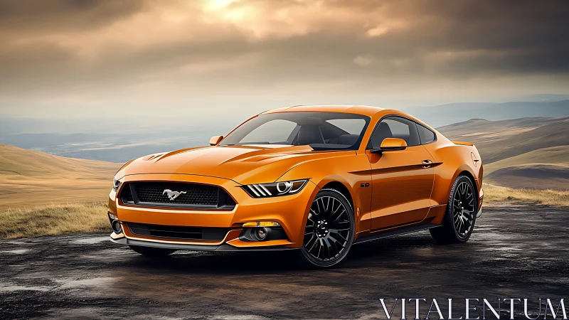 Orange sports coupe parked on open mountain road at dusk.