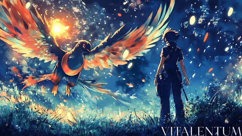 Trainer faces luminous phoenix bird under glowing night sky