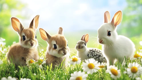 High-key meadow scene renders four juvenile rabbits among daisies
