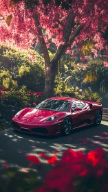 Crimson supercar gliding beneath blooming pink canopy.