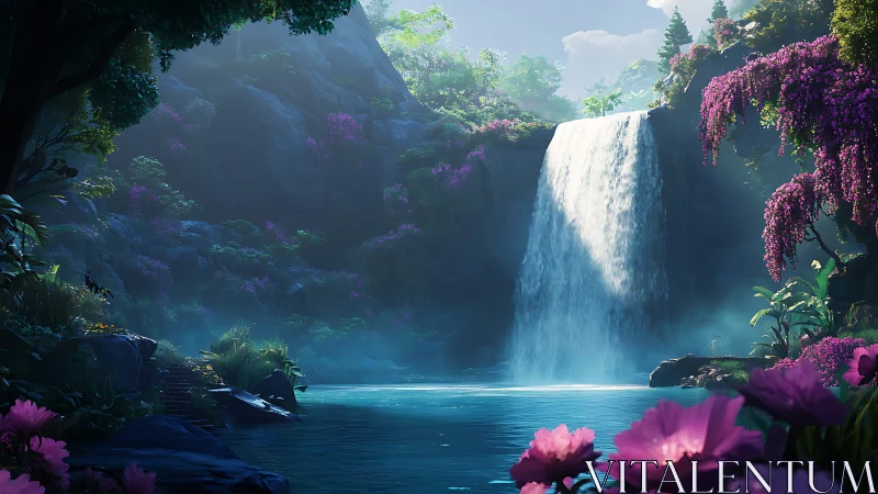 Secret lagoon where violet blossoms guard the waterfall.