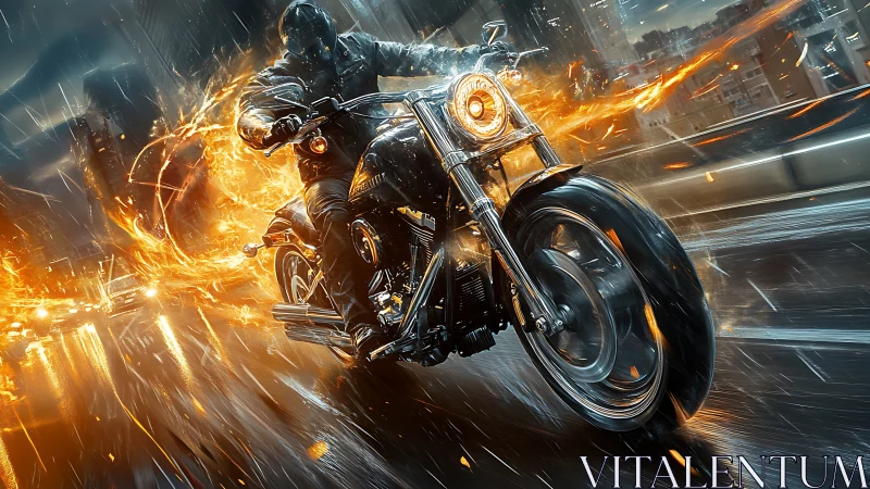 Urban night rider blazing a fiery trail through rain-soaked streets.