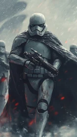 Armored sci fi soldier advances through stormy battlefield