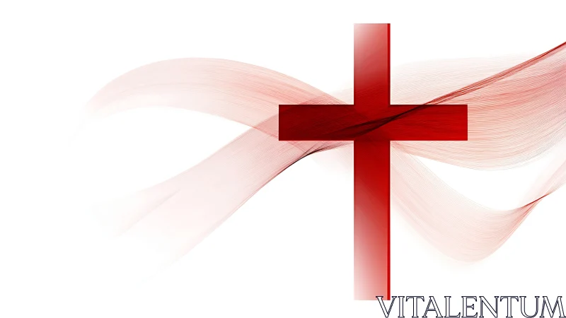 Red digital cross intersects translucent flowing waveforms