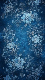 Vintage Floral Sketch on Distressed Blue Textile Background