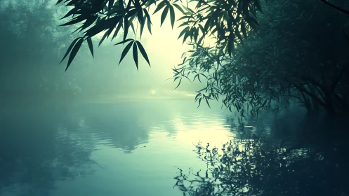Misty forest lake reflects pale dawn light through overhanging leaves