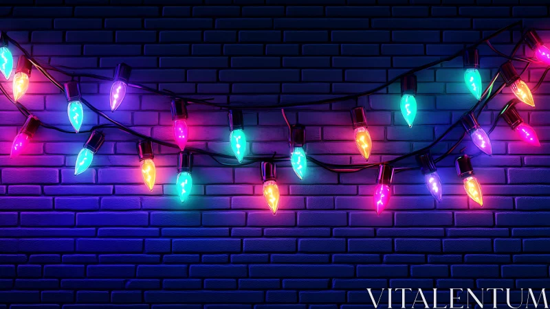 Neon fairy bulbs humming over midnight brickwork wall.