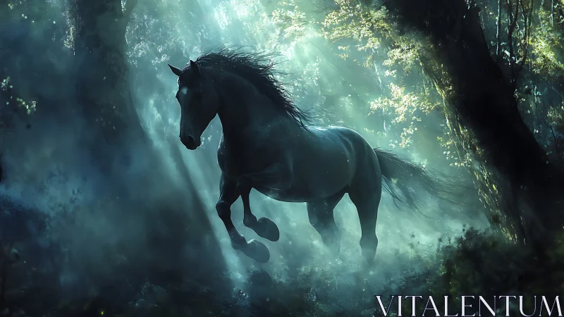 Mystic black stallion strides through luminous forest haze.