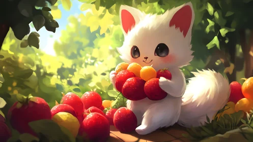 Cute white fox creature holding colorful fruit outdoors.