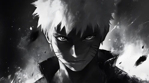 Determined anime warrior emerges from swirling monochrome storm