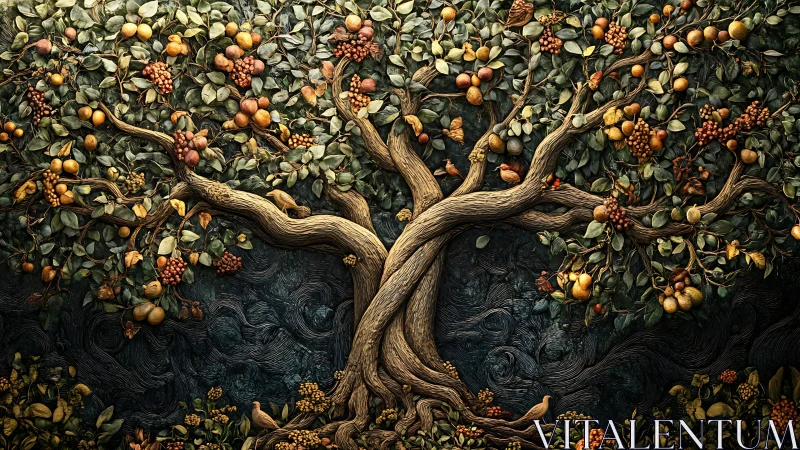 Intertwined fruit-bearing arboreal forms in textured relief tableau.