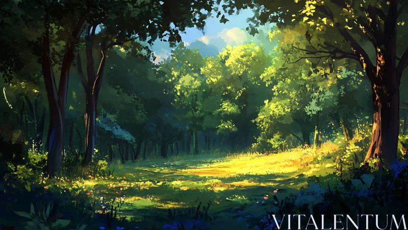 Sunlit Forest Clearing Glows with Golden Light