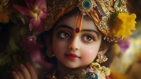 Divine child portrait glows with jeweled crown and flowers