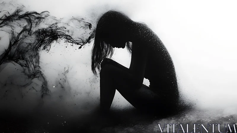 Silhouetted figure dissolving into swirling black ink clouds.