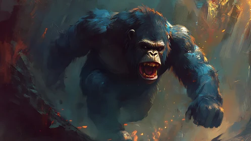 Roaring blue gorilla charges forward through fiery abstract haze