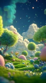 Whimsical 3D meadowscape renders soft-lit fantasy clouds